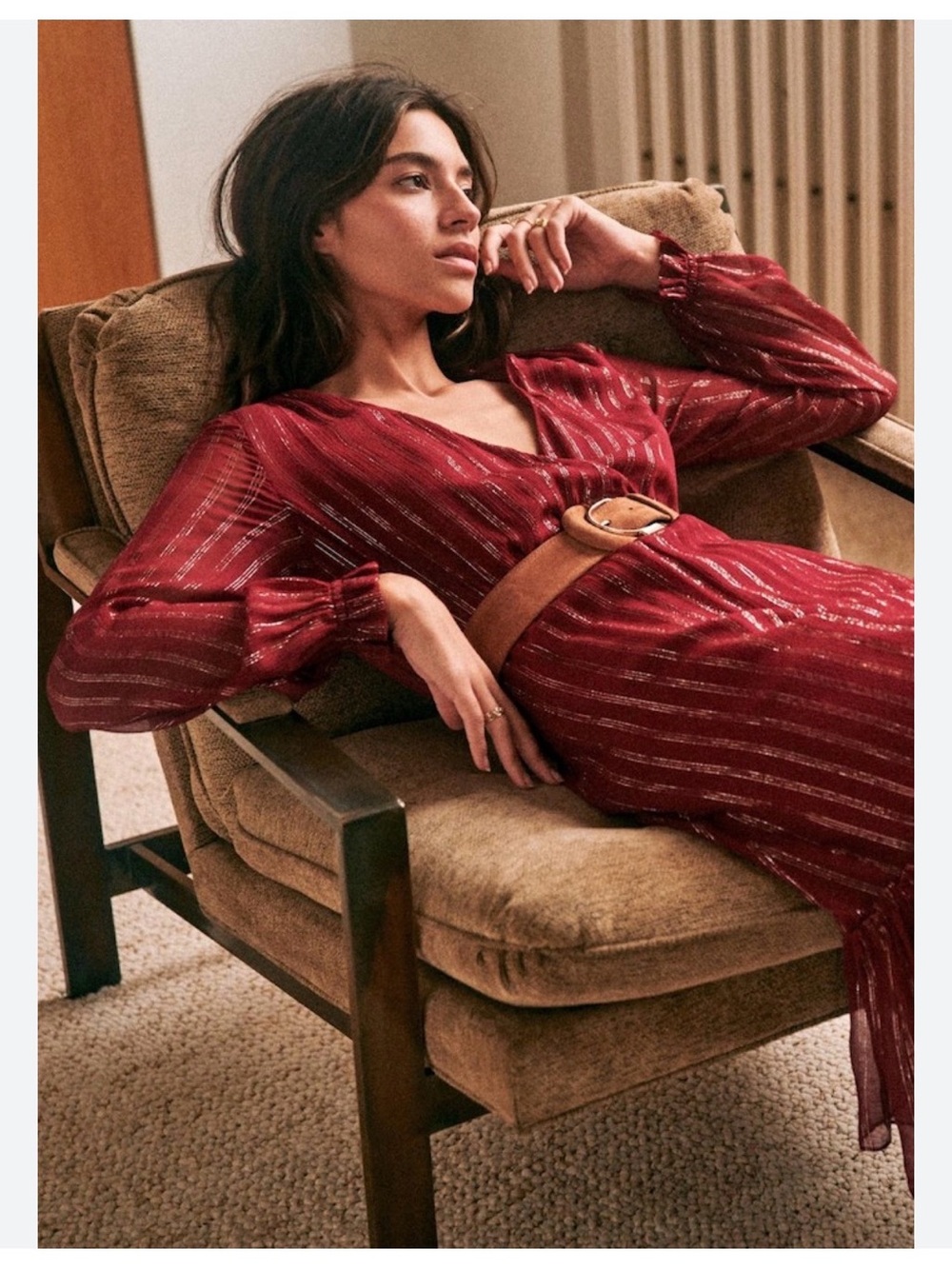 Sézane Titiane Silk Red Metallic-Stripe Midi Dress
